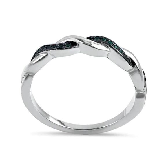 Sterling Silver and Black Rhodium Plated Braided Green Emerald Ring - Picture 3 of 4